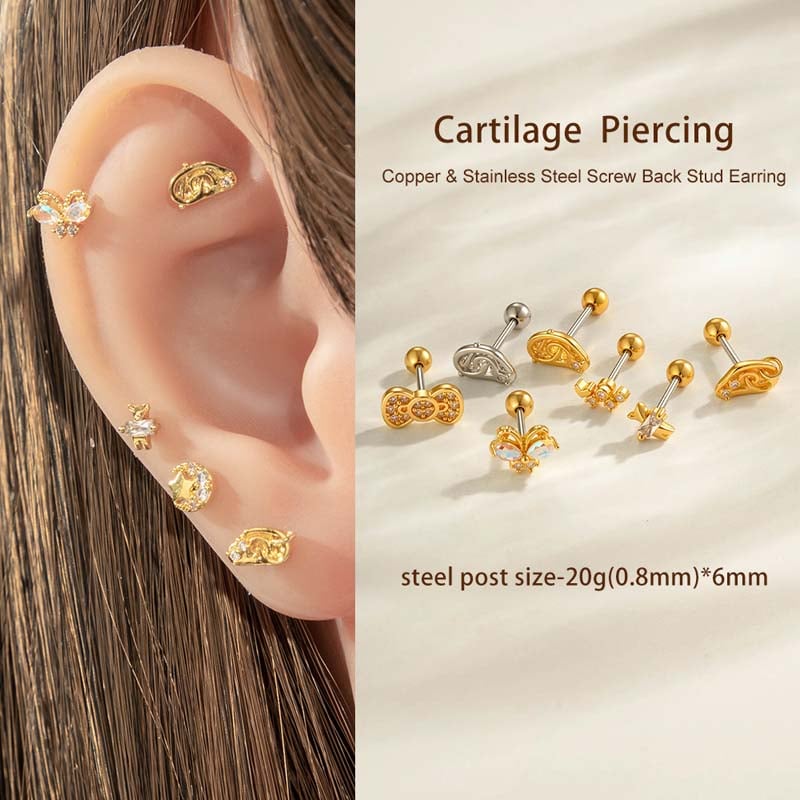 1 Piece Bow Copper Gold Color Zircon Piercing Earring Picture4