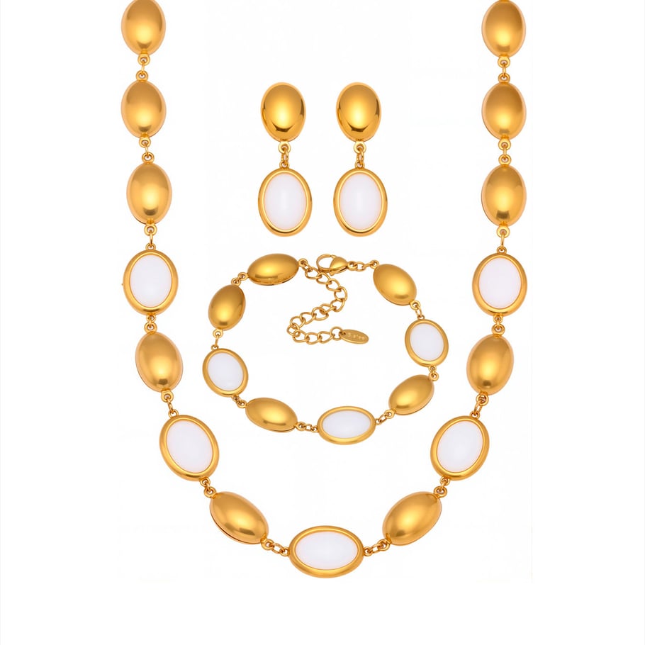 Set di collane da donna in acciaio inossidabile color oro con opale di forma ovale elegante da 1 pezzo Immagine8