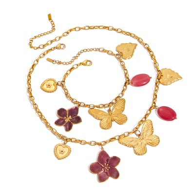Collier avec pendentif en acier inoxydable doré pour femme, motif fleur et papillon h5 Image9