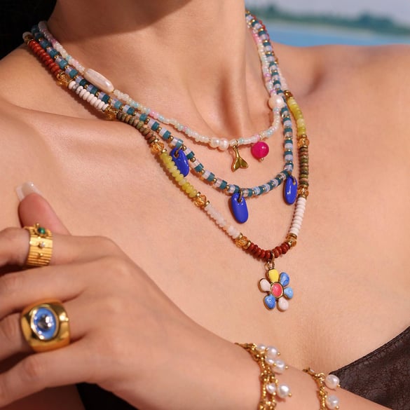 1 Stück Bohemian Flower Natursteine Goldfarbene Perlenketten für Damen