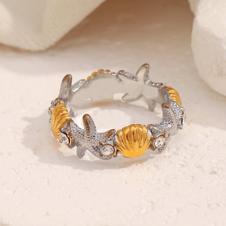 1 stuk ontwerpbare zeester en schelp roestvrij staal goudkleurige statement ringen Afbeelding5