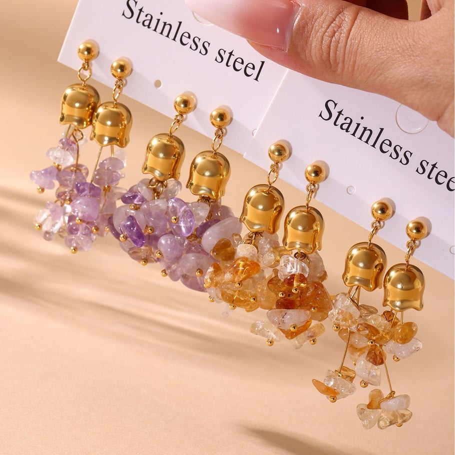 1 Pair Natural Stone Tassel Stainless Steel Gold Color Women's Drop Earrings Picture2