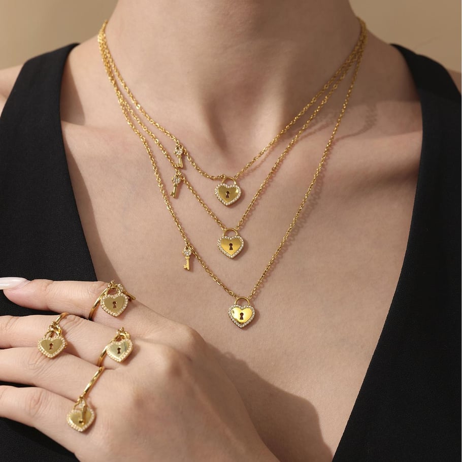 1 Piece Sweet Lock Heart Stainless Steel Gold Color Women's Pendant Necklaces Picture8