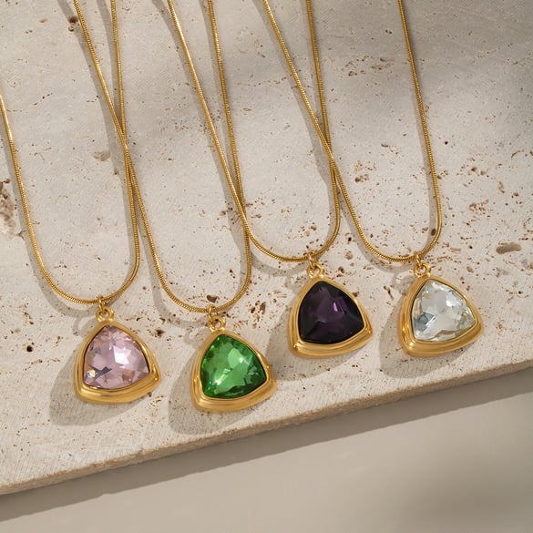 1 Piece Triangle Stainless Steel Gold Color Zircon Pendant Necklace 2