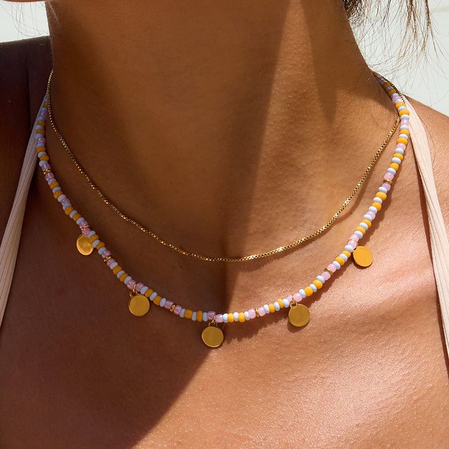 Conjunto de joyería para mujer de 1 pieza con cuentas versátiles de acero inoxidable en color dorado Imagen3