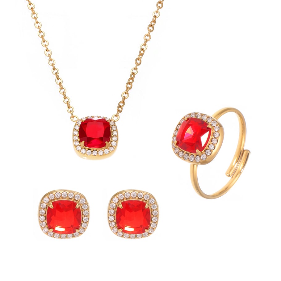 1 Piece Classic Square Stainless Steel Gold Color Red Zircon Women's Jewelry Sets Picture8