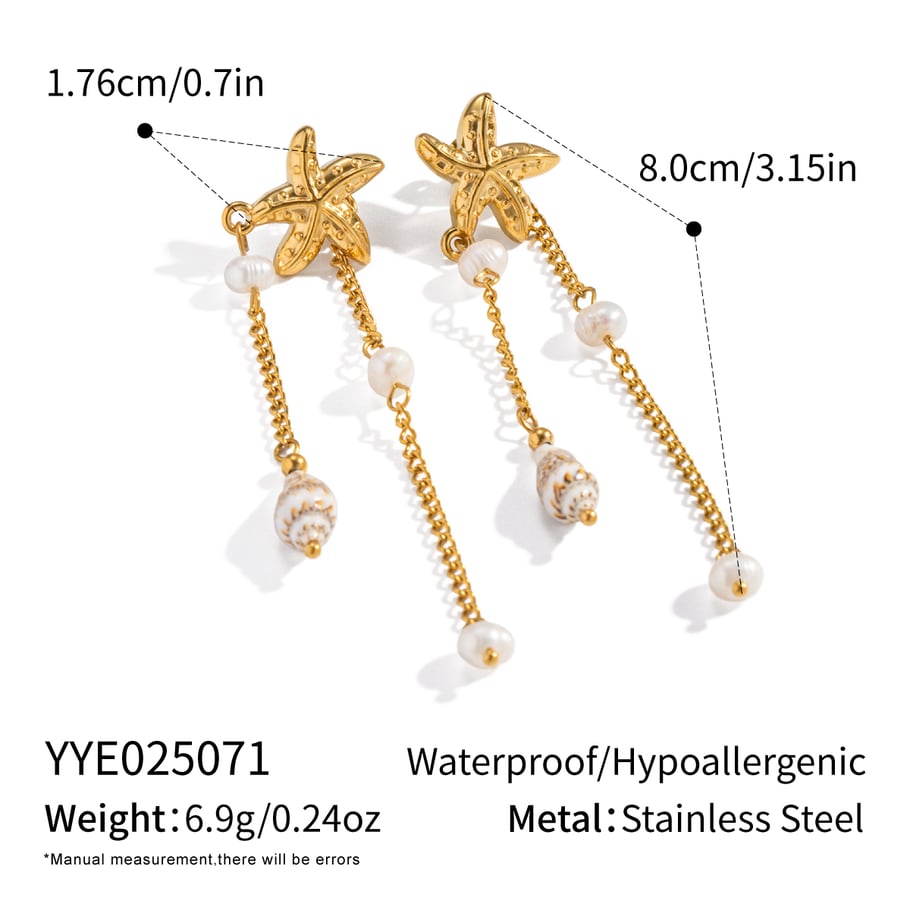 1 Pair Starfish Tassel Stainless Steel Gold Color Dangle Earrings 