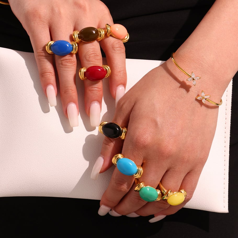 1 Piece Oval Resin Stainless Steel Gold Color Statement Rings Picture2