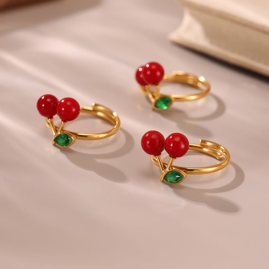 1 Piece Romantic Cherry Stainless Steel Gold Color Statement Rings Picture6