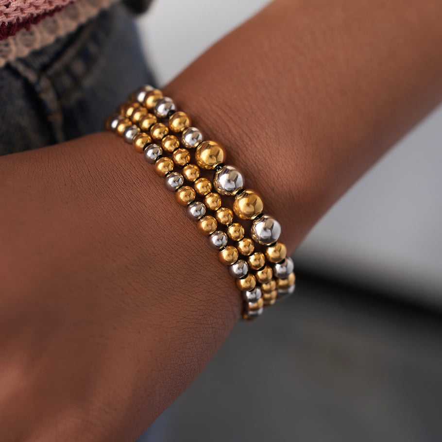 1 stuk casual gemengde goud- en zilverkleurige roestvrijstalen kralenarmbanden Afbeelding6