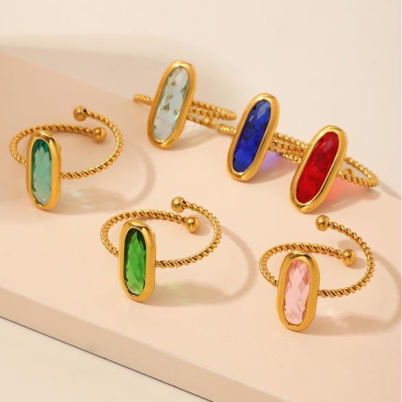 1 Piece Oval Shape Glass Stainless Steel Gold Color Statement Rings