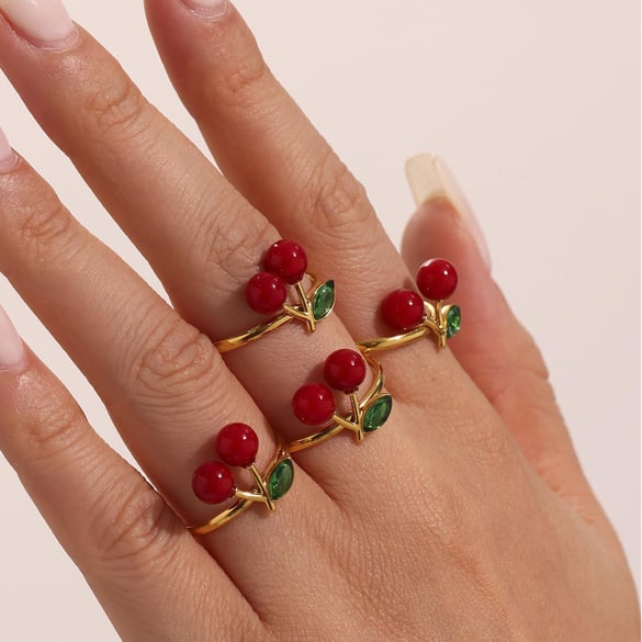1 Piece Romantic Cherry Stainless Steel Gold Color Statement Rings 2