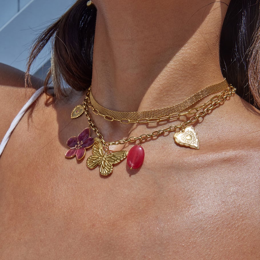 Collier avec pendentif en acier inoxydable doré pour femme, motif fleur et papillon Image3