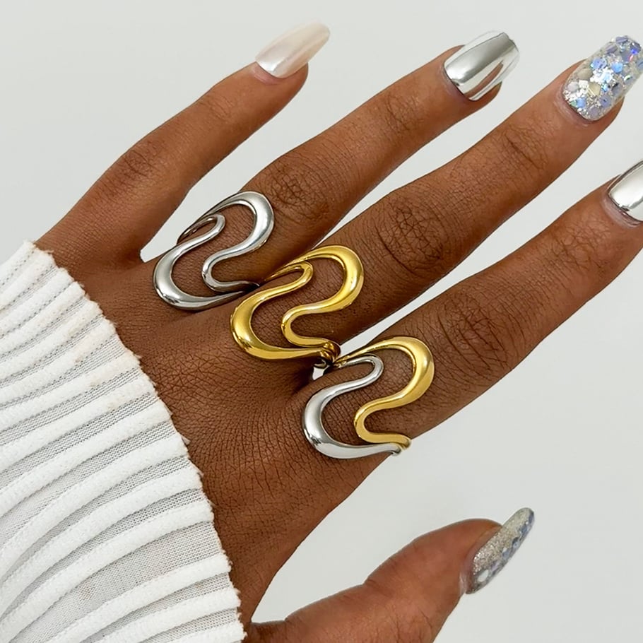 Anillos llamativos de acero inoxidable en color dorado con forma irregular simple de 1 pieza Imagen6