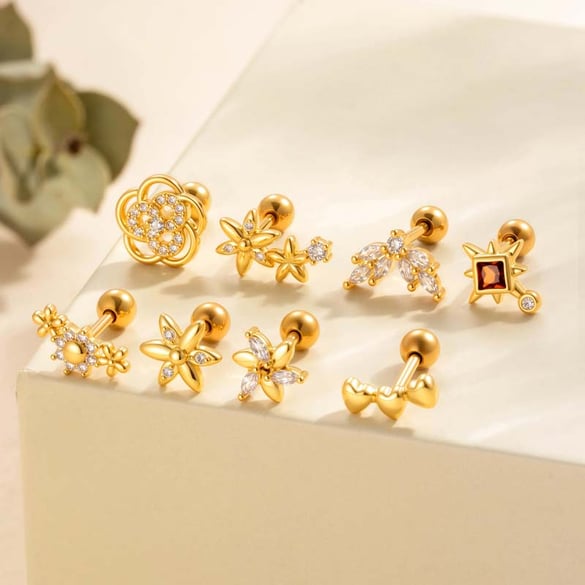 1 Adet Çiçek Kalp Bakır Altın Rengi Zirkonyum Piercing Küpe