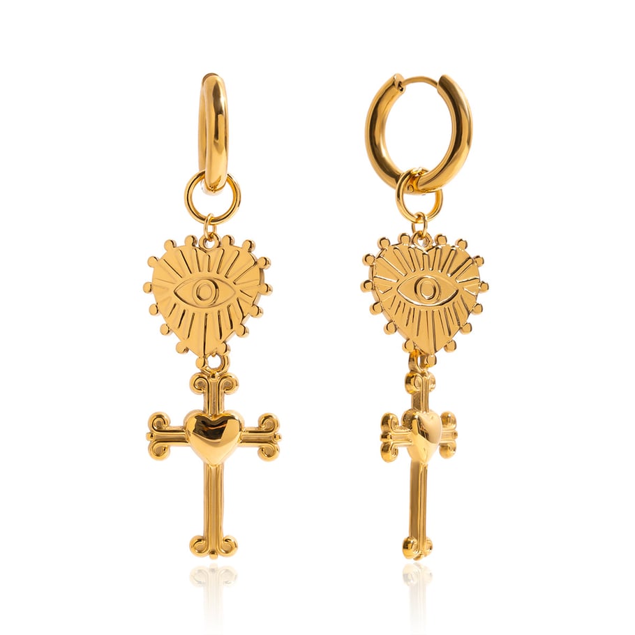 1 par de pendientes colgantes retro de acero inoxidable con forma de corazón y cruz, color dorado, para mujer 