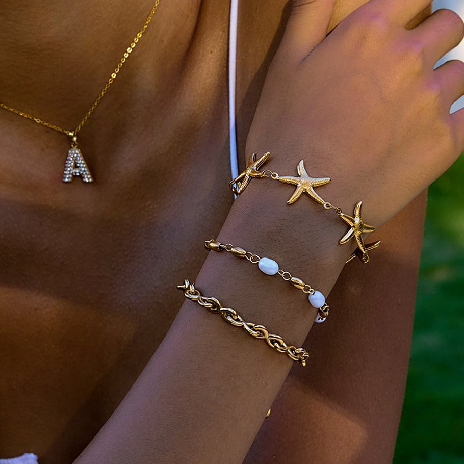 Bracelet chaîne pour femme en acier inoxydable couleur or, motif étoile de mer, 1 pièce Image3