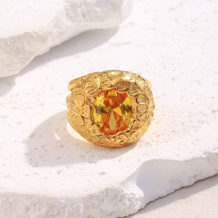 1 Piece Luxurious Retro Flower Stainless Steel Gold Color Statement Ring Picture5