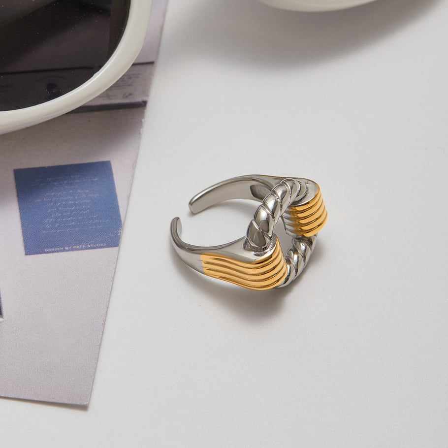1 stuk moderne rechthoekige roestvrijstalen statement ringen in goudkleur Afbeelding7