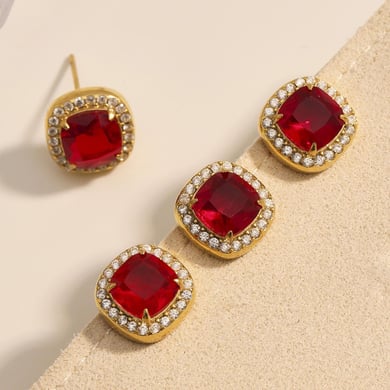 Set di gioielli da donna in acciaio inossidabile quadrato classico color oro con zirconi rossi h5 Immagine4