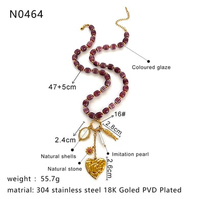 Collier de perles rétro en acier inoxydable couleur or avec cœur, 1 pièce h5 Image2