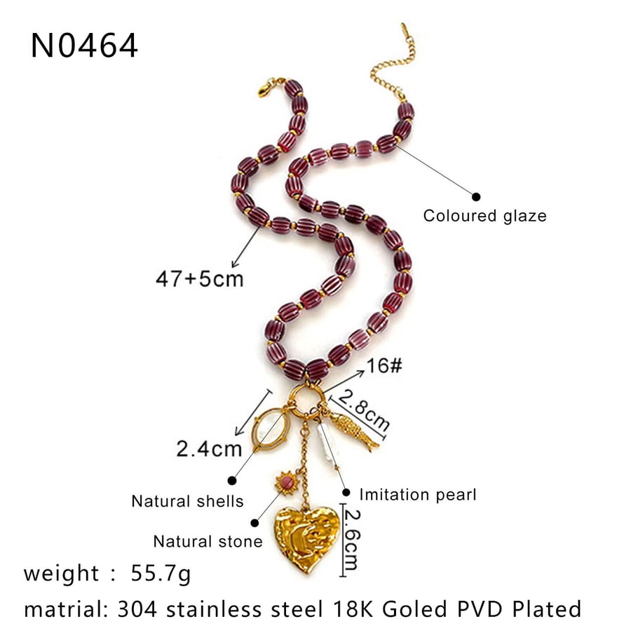 Collier de perles rétro en acier inoxydable couleur or avec cœur, 1 pièce Image2