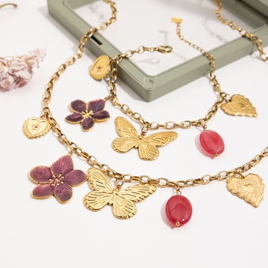 Collier avec pendentif en acier inoxydable doré pour femme, motif fleur et papillon h5 Image5