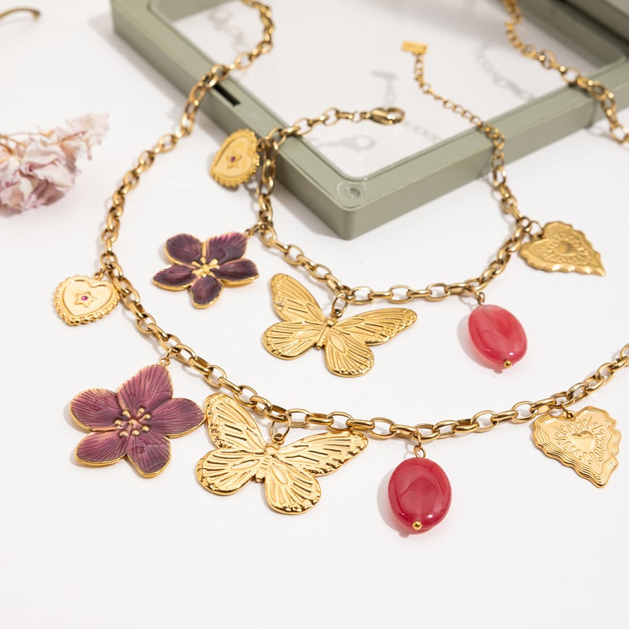 Collier avec pendentif en acier inoxydable doré pour femme, motif fleur et papillon Image5