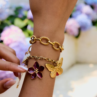 Collier avec pendentif en acier inoxydable doré pour femme, motif fleur et papillon h5 Image4