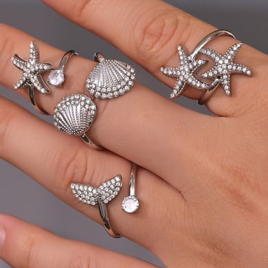 1 pezzo di anello con pietre preziose da donna in acciaio inossidabile color oro a forma di stella marina oceanica h5 Immagine3