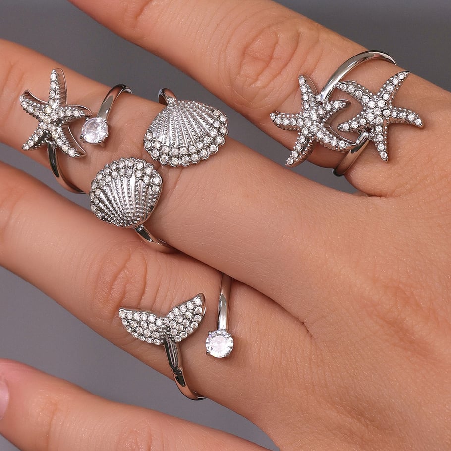 1 pezzo di anello con pietre preziose da donna in acciaio inossidabile color oro a forma di stella marina oceanica Immagine3