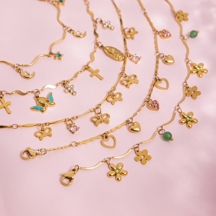 Pulseras con dijes de flores exquisitas de acero inoxidable color dorado para mujer, 1 pieza Imagen7
