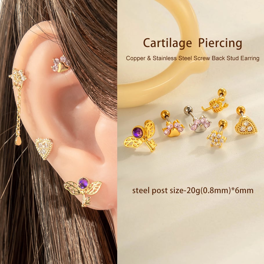 1 pieza de pendientes de perforación con garra brillante de cobre, color dorado y circonita para mujer Imagen5