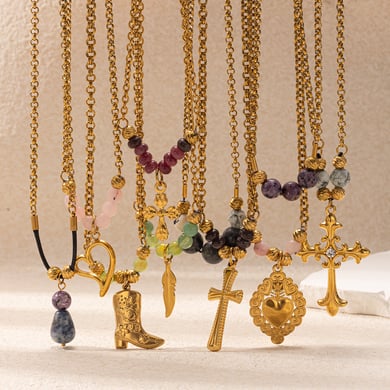 Collier pendentif croix cœur rétro en pierres naturelles couleur or 1 pièce h5 Image2