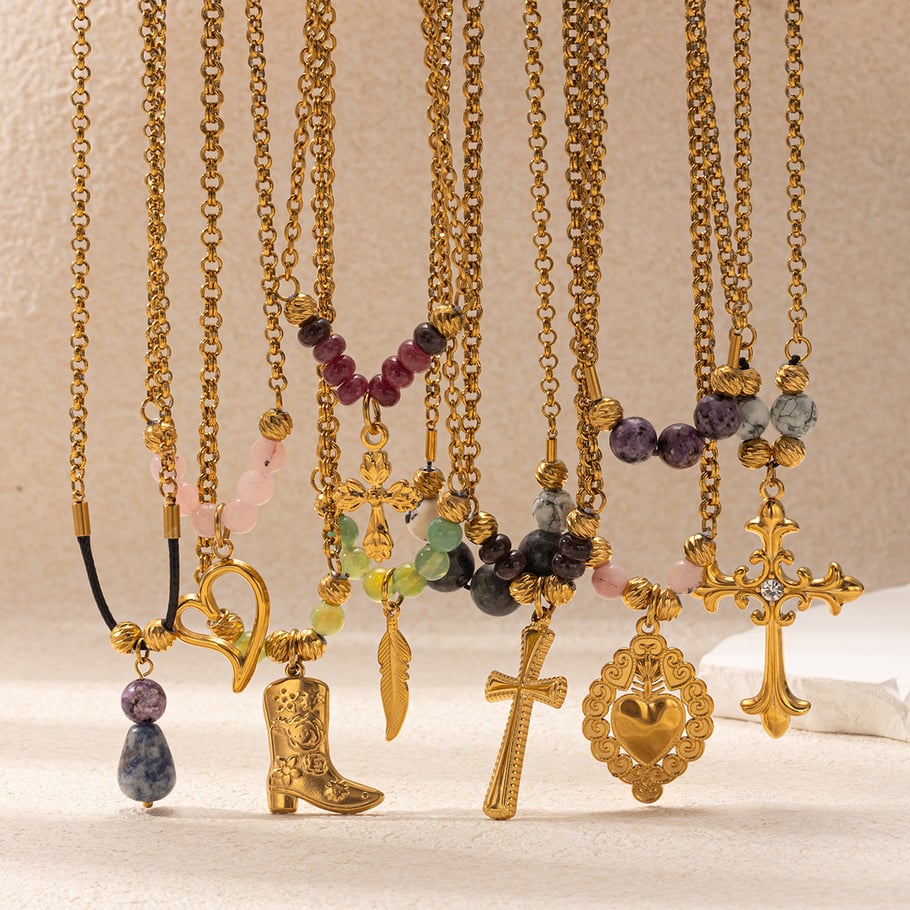 Collier pendentif croix cœur rétro en pierres naturelles couleur or 1 pièce Image2