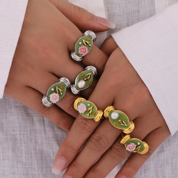 1 Piece Romantic Series Flower Stainless Steel Gold Color Statement Rings