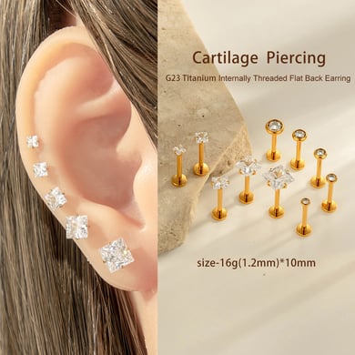 1 Adet Dikdörtgen Titanyum Alaşımlı Altın Renkli Zirkonyum Piercing Küpe h5 Resim5
