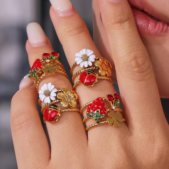 1 Piece Vivid Insect Stainless Steel Gold Color Zircon Statement Rings 2