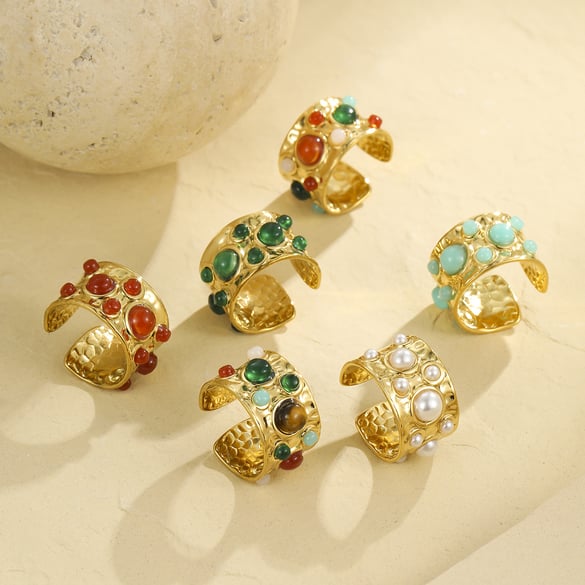 1 Piece Natural Stone Stainless Steel  Gold Color  Gemstone Ring 2