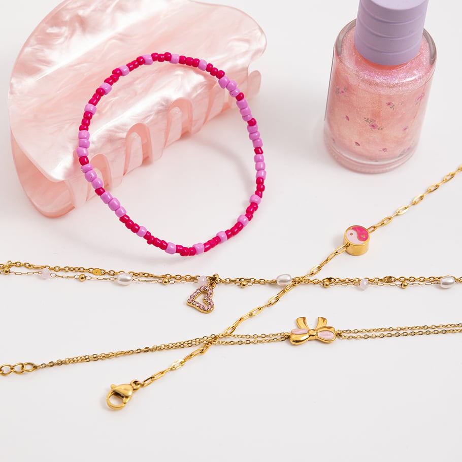 Pulseras con dijes románticos de corazón rosa de acero inoxidable color dorado para mujer, 1 pieza Imagen4