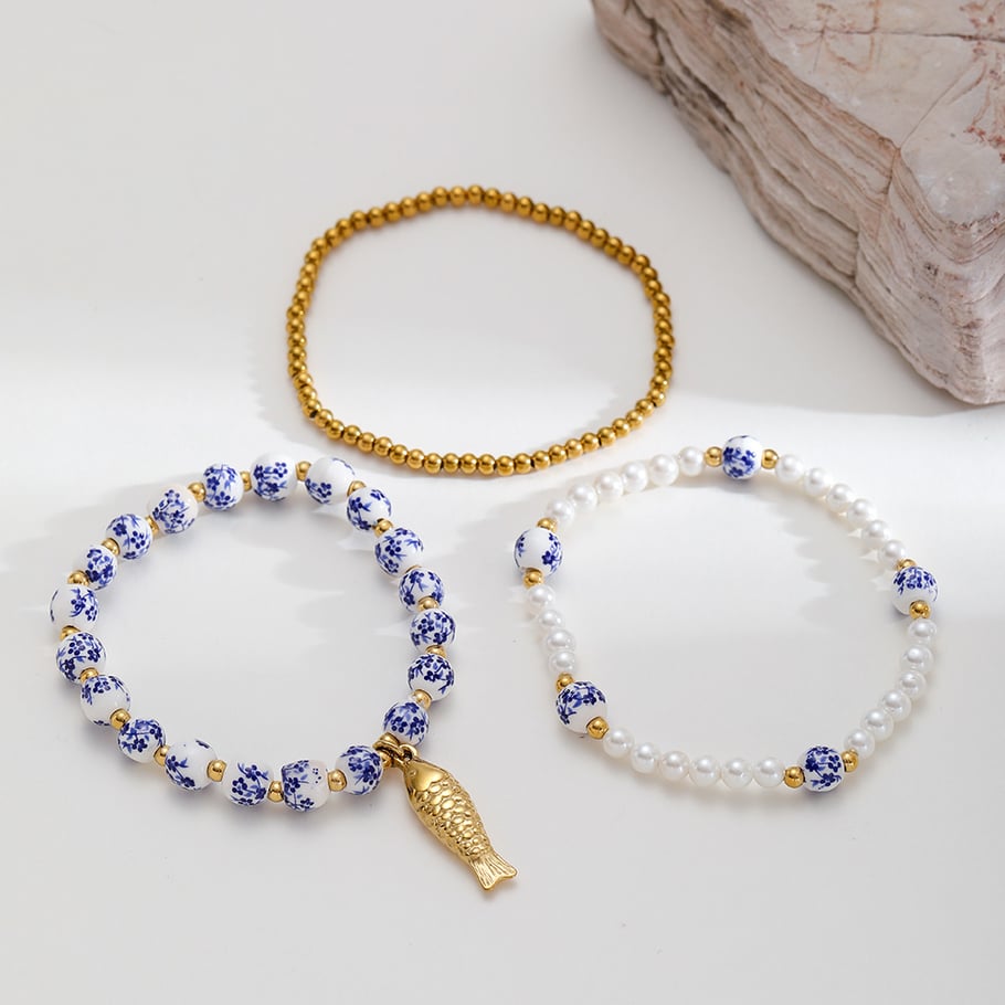 1 Piece Classic Series Elegant Flower Ceramics  Gold Color  Women's Beaded Bracelets Picture4