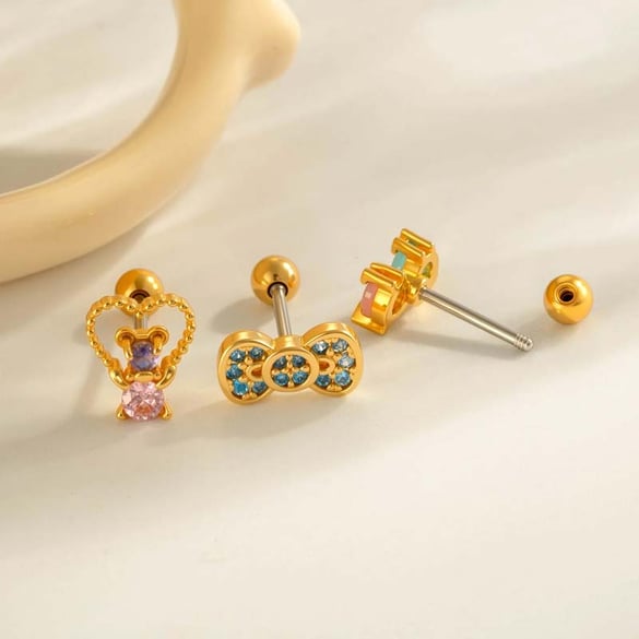 1 Piece Bow Copper Gold Color Zircon Piercing Earring 2