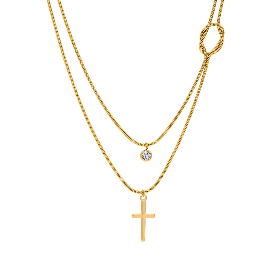 Collar clásico en capas de acero inoxidable color dorado con cruz para mujer, 1 pieza 