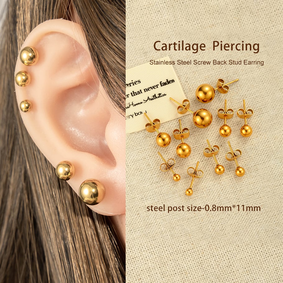 1 pieza de aretes minimalistas de bola de acero inoxidable color dorado para mujer Imagen5