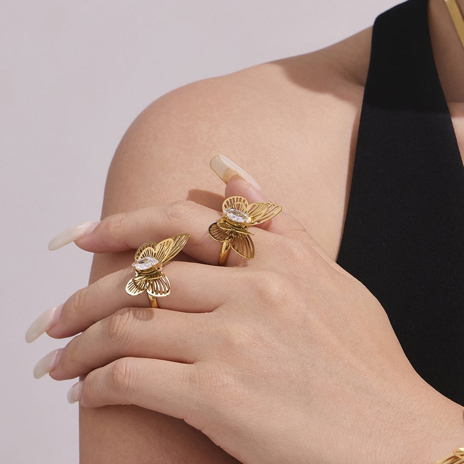 Set di gioielli da donna in acciaio inossidabile color oro con farfalla romantica da 1 pezzo Immagine5