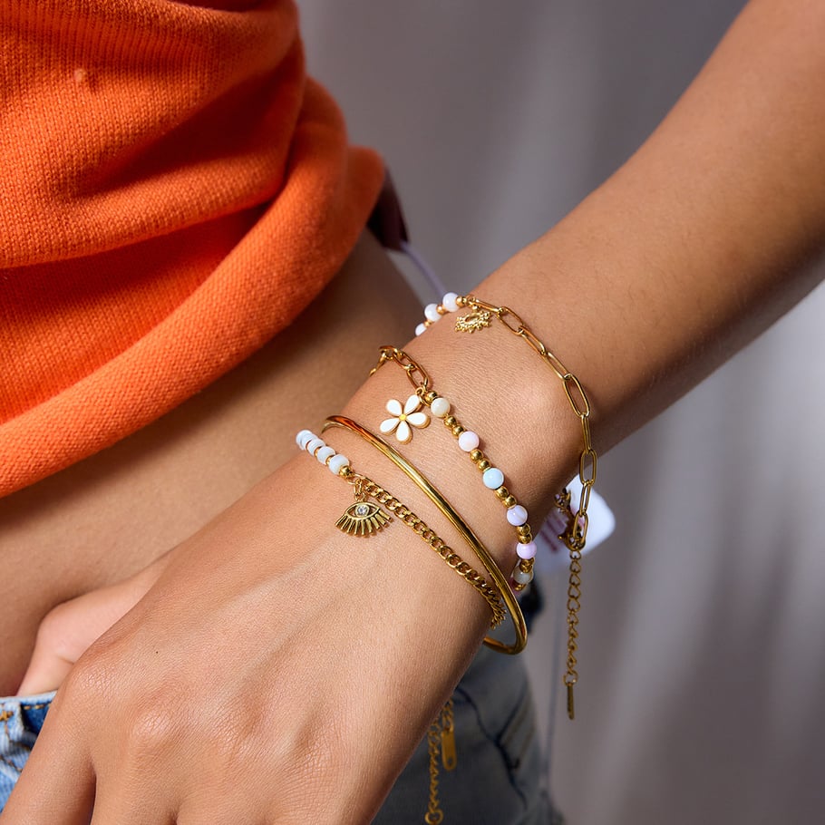 Bracelet à breloques pour femme en acier inoxydable couleur or avec fleur délicate, 1 pièce Image4