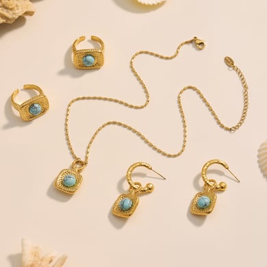 Set di gioielli da donna in pietra naturale color oro con motivo rettangolare retrò turchese in acciaio inossidabile h5 Immagine2