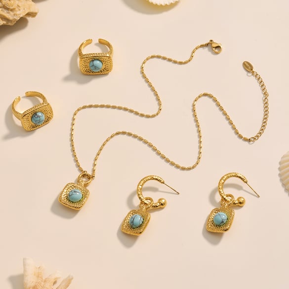 1 Piece Retro Rectangle Turquoise Stainless Steel Gold Color Natural Stone Women's Jewelry Sets 2