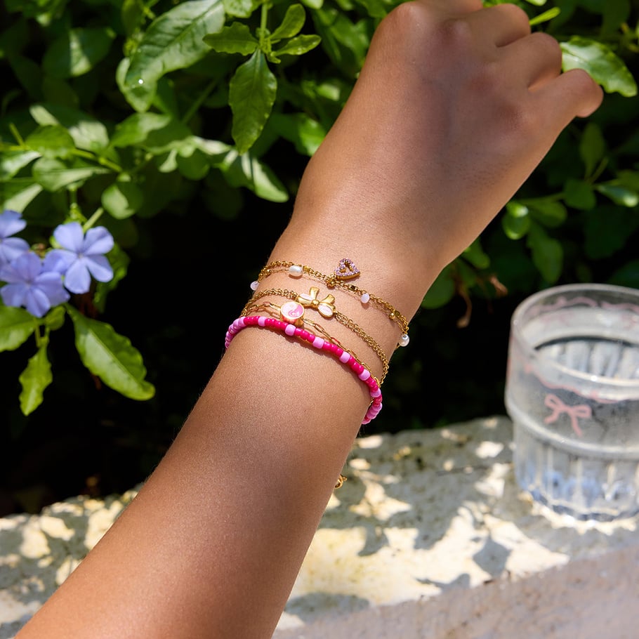 Pulseras con dijes románticos de corazón rosa de acero inoxidable color dorado para mujer, 1 pieza Imagen3