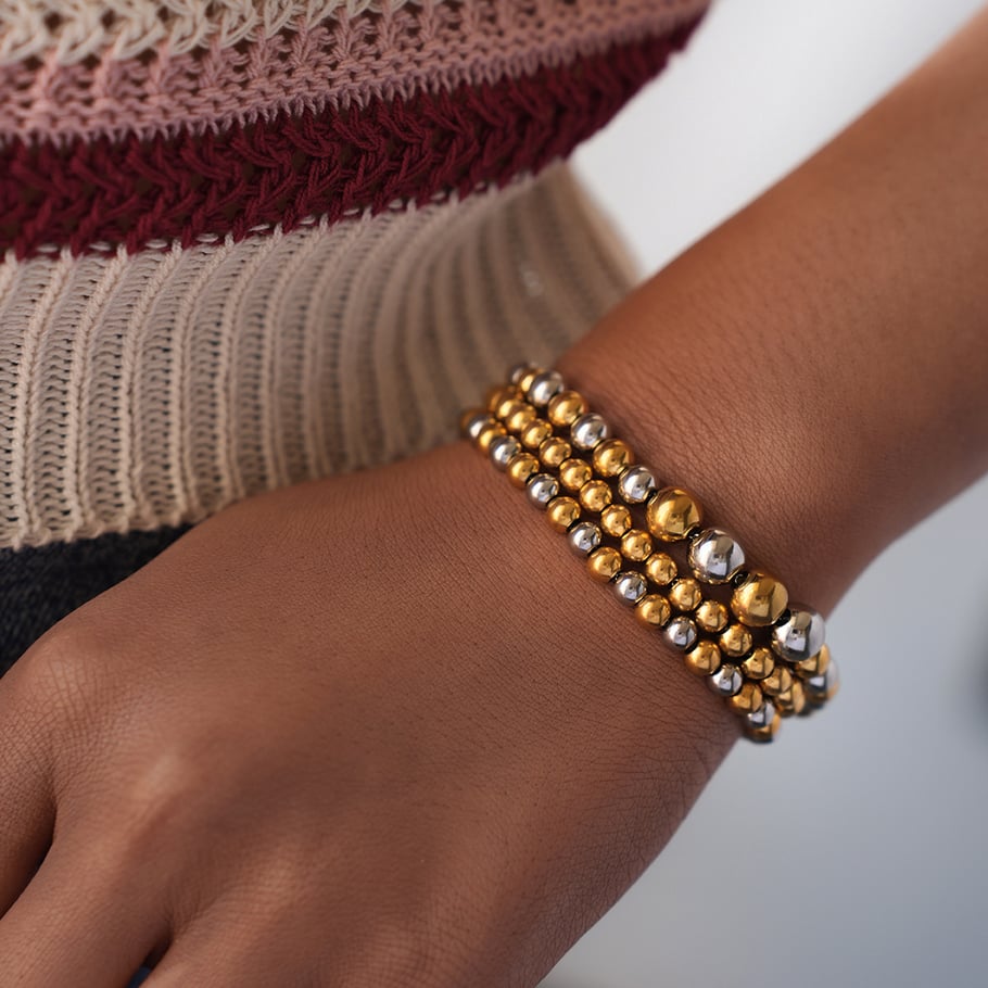 1 stuk casual gemengde goud- en zilverkleurige roestvrijstalen kralenarmbanden Afbeelding3